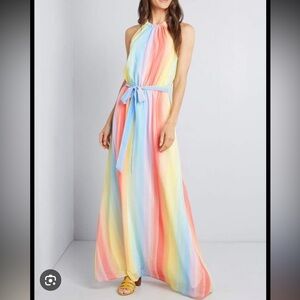 Multicolor Pastel Rainbow ModCloth Halter Maxi Dress